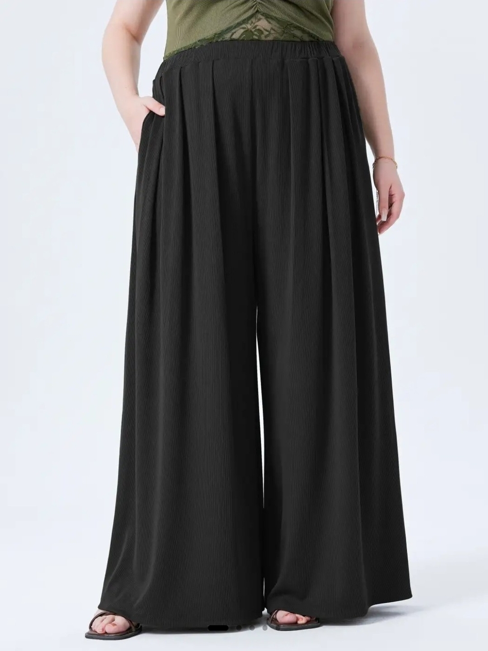 Cider Black Wide-Leg Palazzo Pants with Pockets